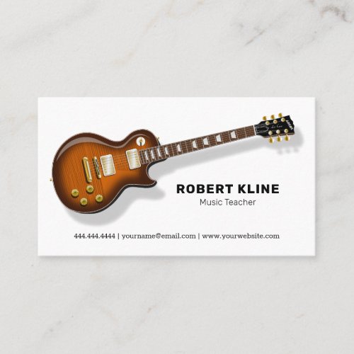 Electric Guitar Music Teacher Business Card - Professional music teacher business cards featuring a stylish electric guitar, your name, job title, and contact information.