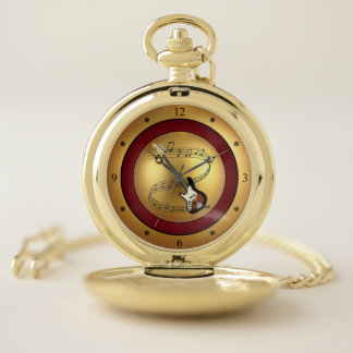 Electric Guitar~Musical Scroll~Gold/Maroon/Black ~ Pocket Watch