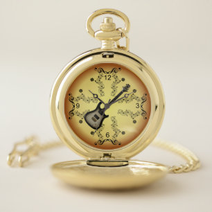 Electric Guitar~Musical Scroll~Golden Background ~ Pocket Watch