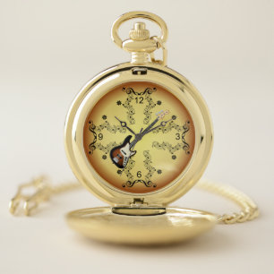 Electric Guitar~Musical Scroll~Golden Background ~ Pocket Watch