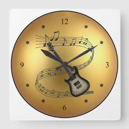 Electric Guitar  Musical Scroll  Golden Globe  Square Wall Clock