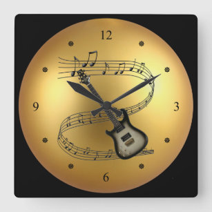 Electric Guitar ~ Musical Scroll ~ Golden Globe ~ Square Wall Clock