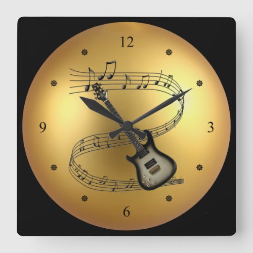 Electric Guitar  Musical Scroll  Golden Globe  Square Wall Clock