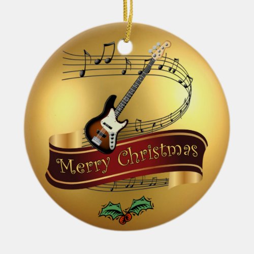 Electric Guitar Musical Scroll Merry Christmas  Ceramic Ornament