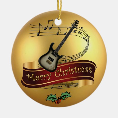 Electric Guitar Musical Scroll Merry Christmas  Ceramic Ornament