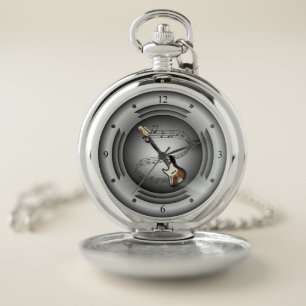Electric Guitar ~ Musical Scroll ~ Silver Speaker Pocket Watch