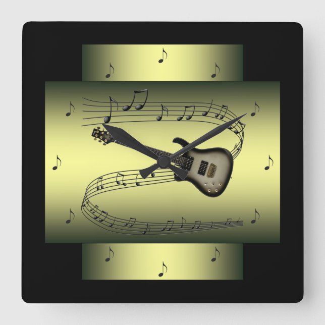 Electric Guitar ~ Musical Swirl ~ Notes ~ * ~ Square Wall Clock (Front)