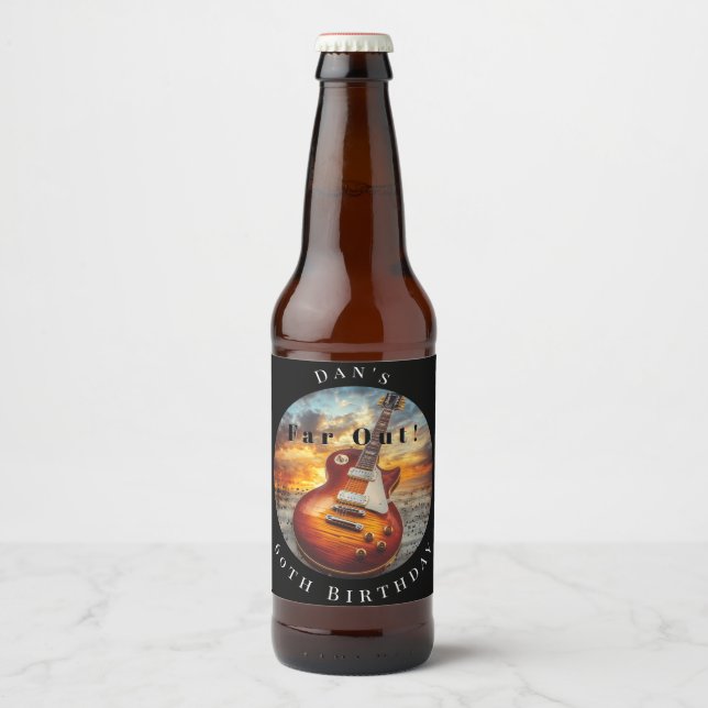 Electric Guitar Ocean Sunset Beer Bottle Label (Front)