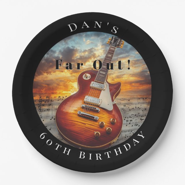 Electric Guitar Ocean Sunset Music Notes Paper Plates (Front)