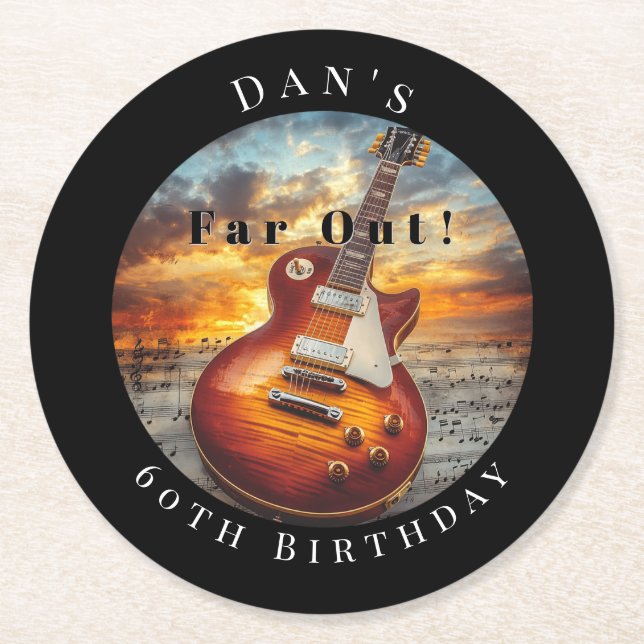 Electric Guitar Ocean Sunset Music Notes Round Paper Coaster (Front)