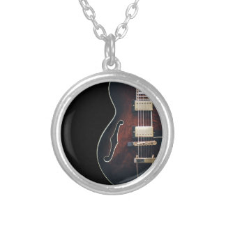 Electric Guitar On Black Silver Plated Necklace