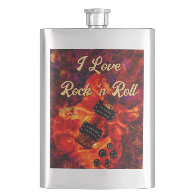 Electric Guitar on Fire Red Black Love Rock n Roll Flask (Front)