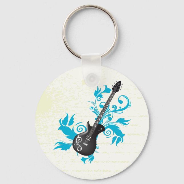 Electric guitar on turquoise leaves custom product keychain (Front)