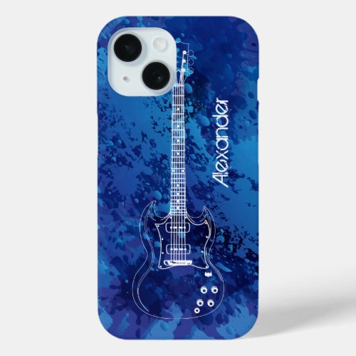 Electric Guitar Outline Blue Paint Splats iPhone 15 Case