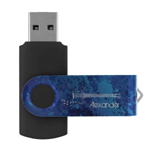 Electric Guitar Outline Blue Paint Splats Flash Drive