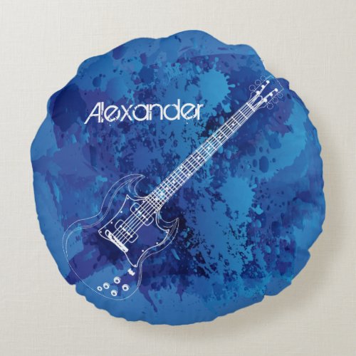 Electric Guitar Outline Blue Paint Splats Round Pillow