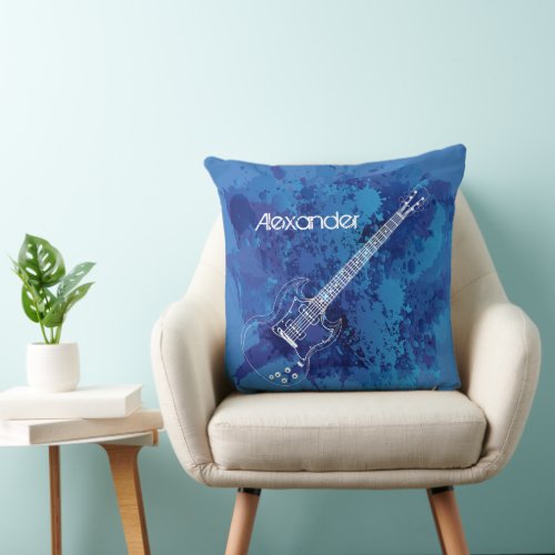 Electric Guitar Outline Blue Paint Splats Throw Pillow