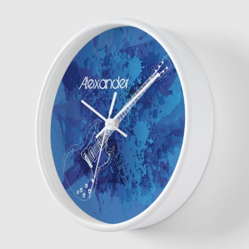 Electric Guitar Outline Blue Paint Splats Wall Clock