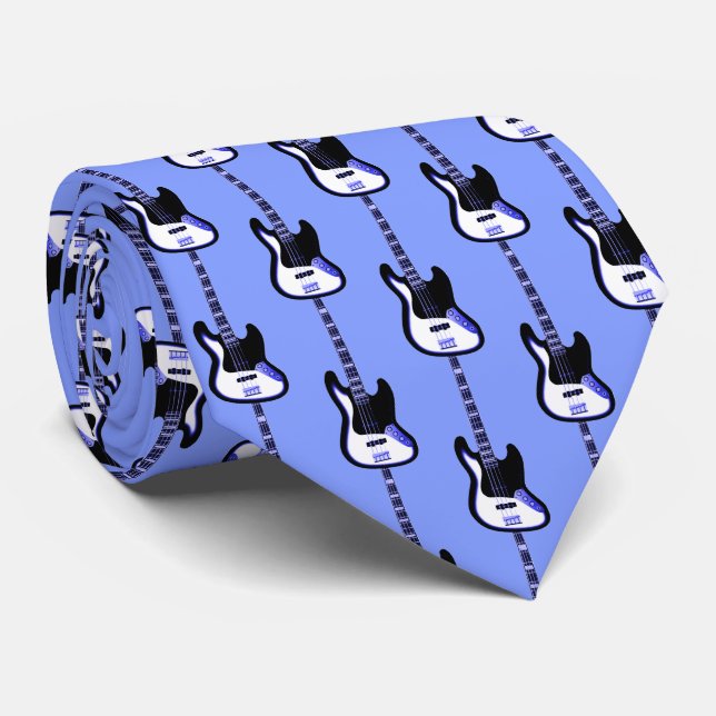 Electric Guitar Pattern in Blue Neck Tie (Rolled)