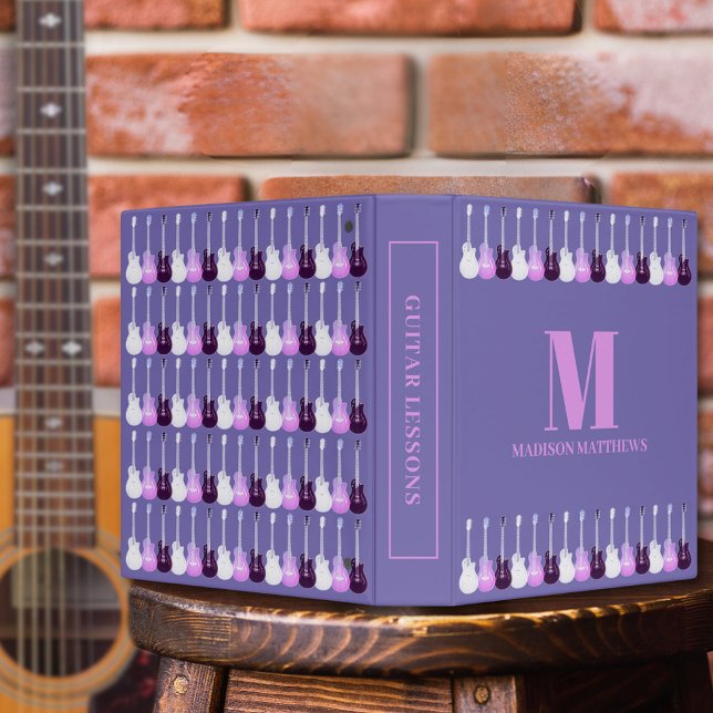 Electric Guitar Pattern Monogram 3 Ring Binder (Guitar pattern music pink and purple monogram binder for guitarist musician guitar music teachers )
