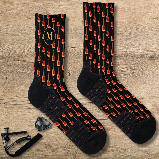 Electric guitar pattern personalized socks (Fire electric guitar pattern custom monogram black socks for guitarists musicians and music lovers )