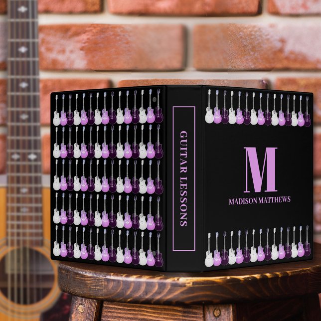 Electric Guitar Pattern Pink and Black Custom 3 Ring Binder (Electric guitar pattern pink and black monogram name binder for guitarist musician music teachers )