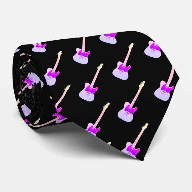 Electric Guitar Pattern Purple on Black Neck Tie (Rolled)