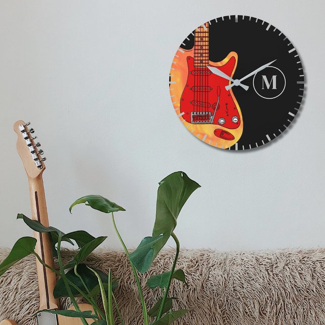 Electric Guitar personalized Large Clock (Electric guitar monogram black wall clock)
