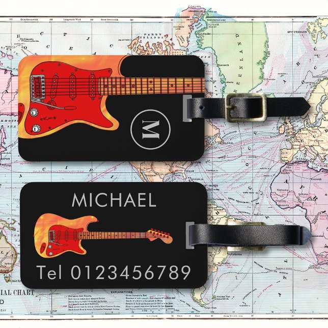 electric guitar personalized luggage tag (Fire electric guitar black personalized monogram travel luggage tag)
