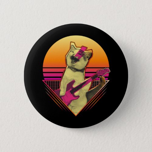 Electric Guitar playing Cat Meow 80s 90s Vaporwave Button