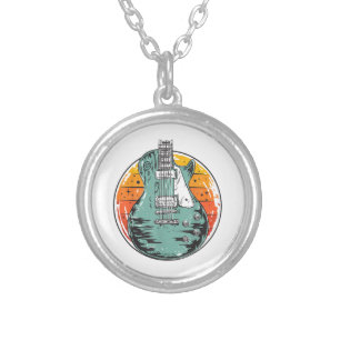 Electric Guitar Retro Sunset Vintage Music Band Gu Silver Plated Necklace