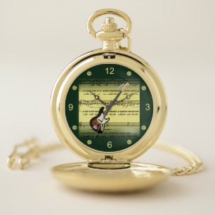 Electric Guitar~Rolled Sheet Music~Gold/Green Back Pocket Watch