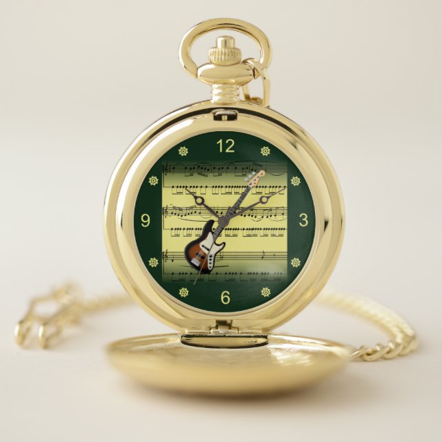 Electric Guitar~Rolled Sheet Music~Gold/Green Back Pocket Watch (Inside)