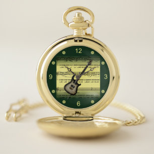 Electric Guitar~Rolled Sheet Music~Gold/Green Back Pocket Watch