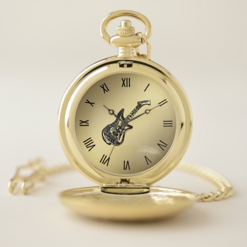 Electric Guitar  Roman Numerals Gold Pocket Watch