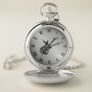 Electric Guitar Roman Numerals Silver Pocket Watch