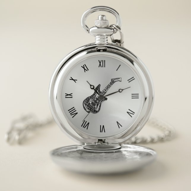 Electric Guitar  Roman Numerals Silver Pocket Watch (Inside)