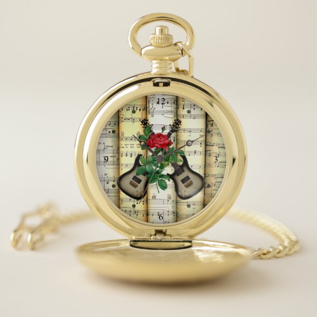 Electric Guitar & Rose ~ Rolled Sheet Music ~ Pocket Watch (Inside)
