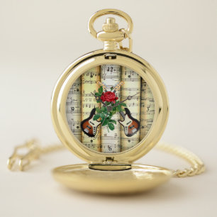 Electric Guitar & Rose ~ Rolled Sheet Music ~ Pocket Watch