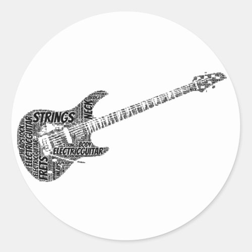 Electric Guitar Shaped Word Art Black Text Classic Round Sticker