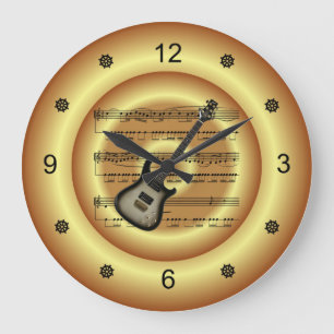 Electric Guitar ~ Sheet Music ~ Gold Background ~ Large Clock