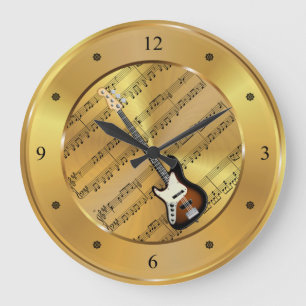 Electric Guitar ~ Sheet Music ~ Gold Background ~ Large Clock