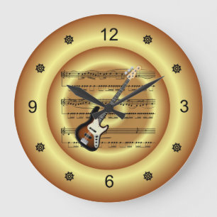 Electric Guitar~Sheet Music~Gold Background~ Large Clock