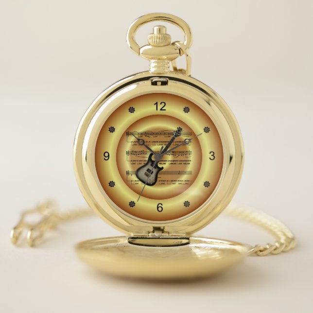 Electric Guitar ~ Sheet Music ~ Gold Background ~ Pocket Watch (Inside)