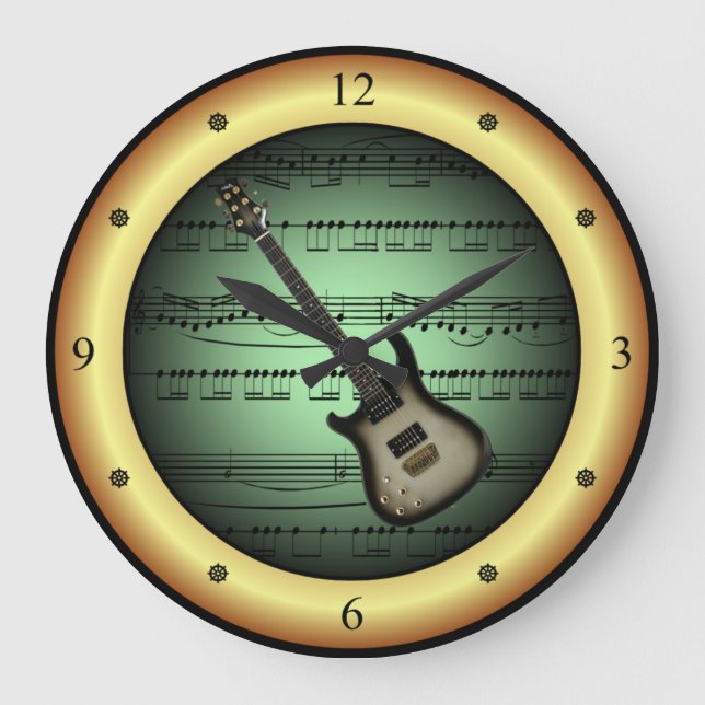 Electric Guitar~Sheet Music~Green/Gold Background~ Large Clock (Front)