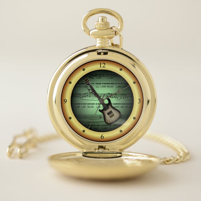 Electric Guitar~Sheet Music~Green/Gold Background~ Pocket Watch (Inside)