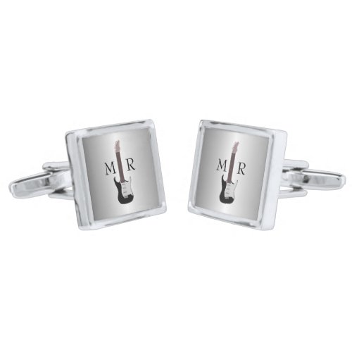 Electric Guitar Silver Coloured Monogrammed Silver Cufflinks