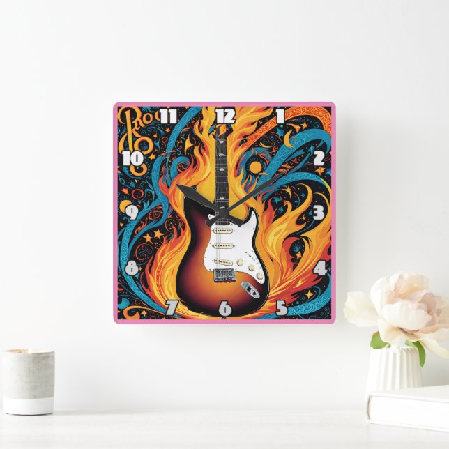 Electric guitar surrounded by vibrant flames square wall clock (Home)