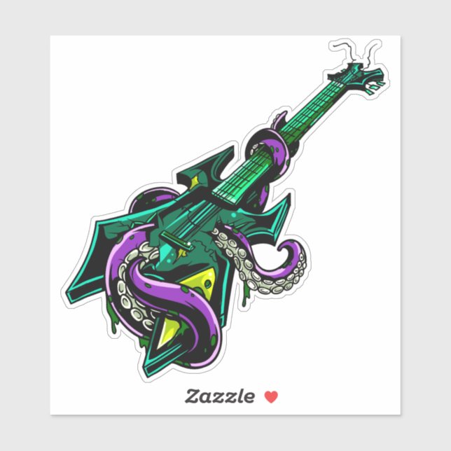 Electric guitar trashed by purple octopus music sticker (Sheet)