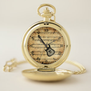 Electric Guitar ~ Vintage Sheet Music Background ~ Pocket Watch
